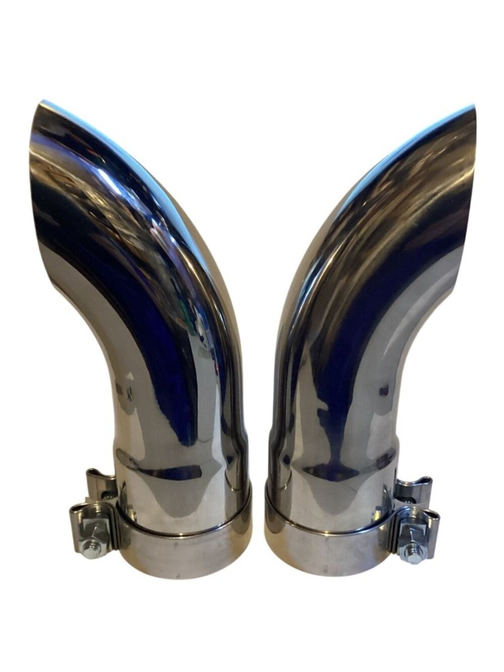 2 Polished Stainless Steel 3" Turn Down Tips w/ Polished Stainless Steel Clamps